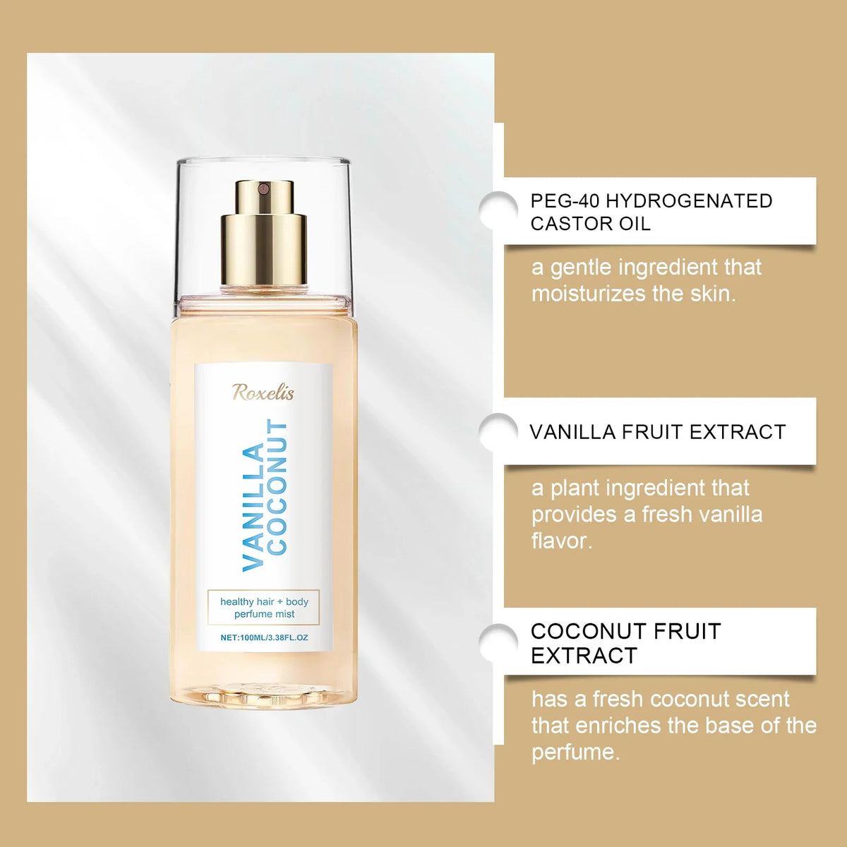 Vanilla Coconut Body Hair Mist - Long Lasting Fresh Romantic Fragrance, Travel Size Portable Spray Women Men Daily & Dating Use