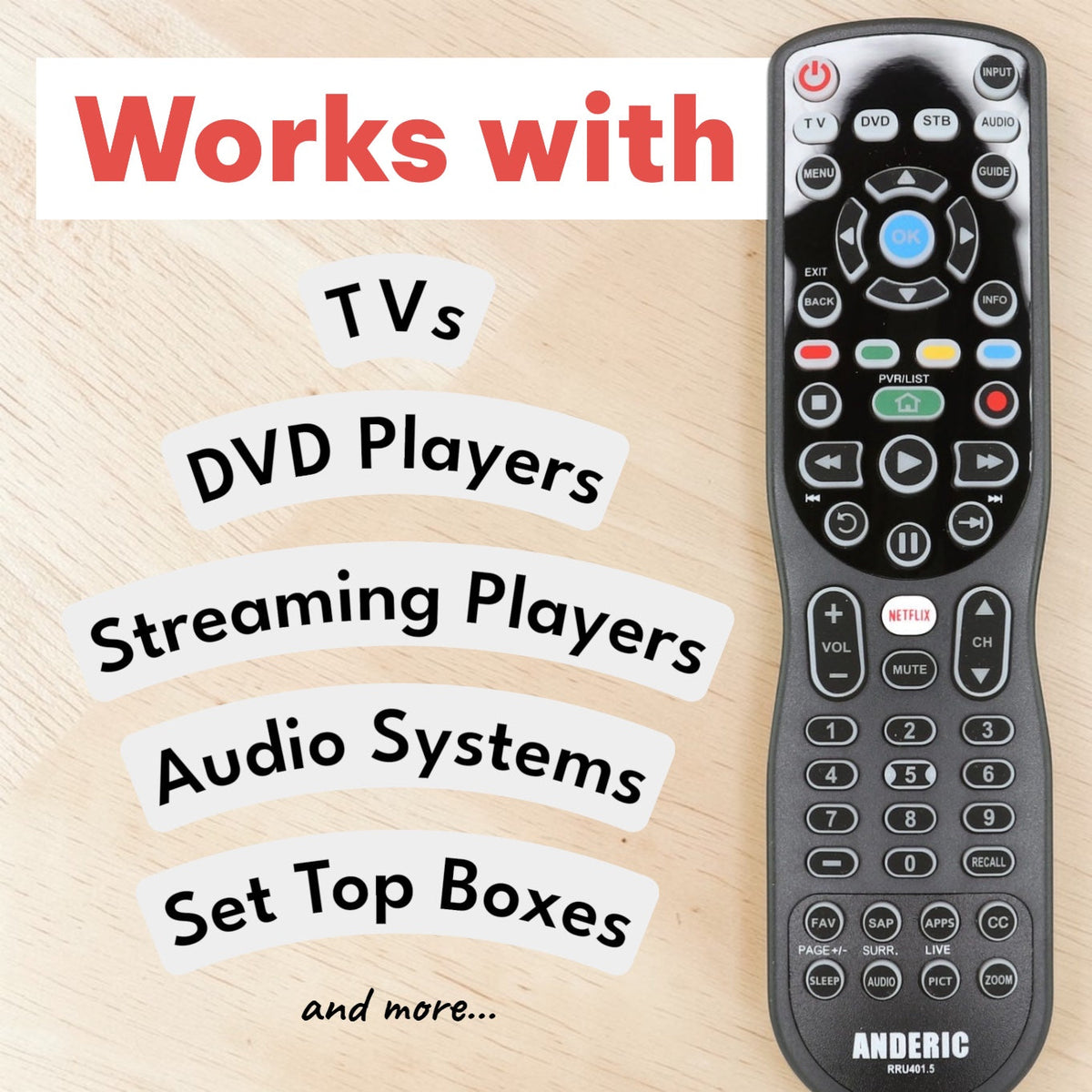 Anderic RRU401.7 4-Device Universal Remote Control with Backlight, Macro and Learning for TV, Cable, Streaming, DVD and more