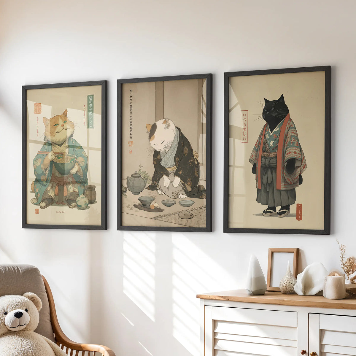 Japanese Ukiyo-e Style Cat Wall Art Set of 3. Tea Ceremony
