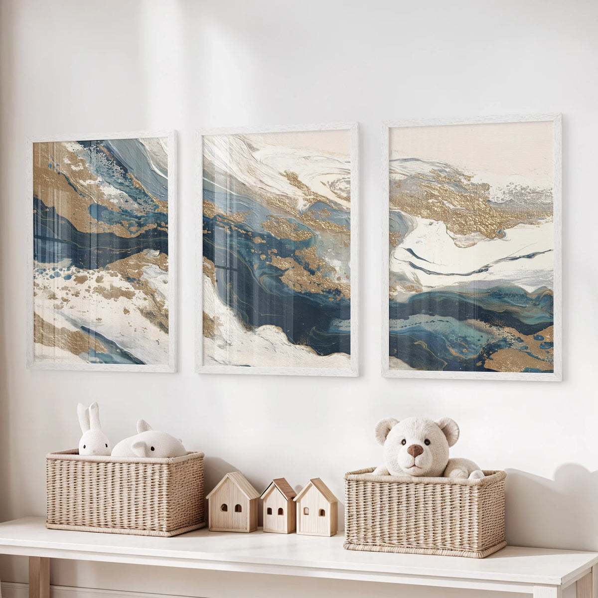 Gold & Blue Brush Strokes. Luxury 3 Piece Abstract Wall Art