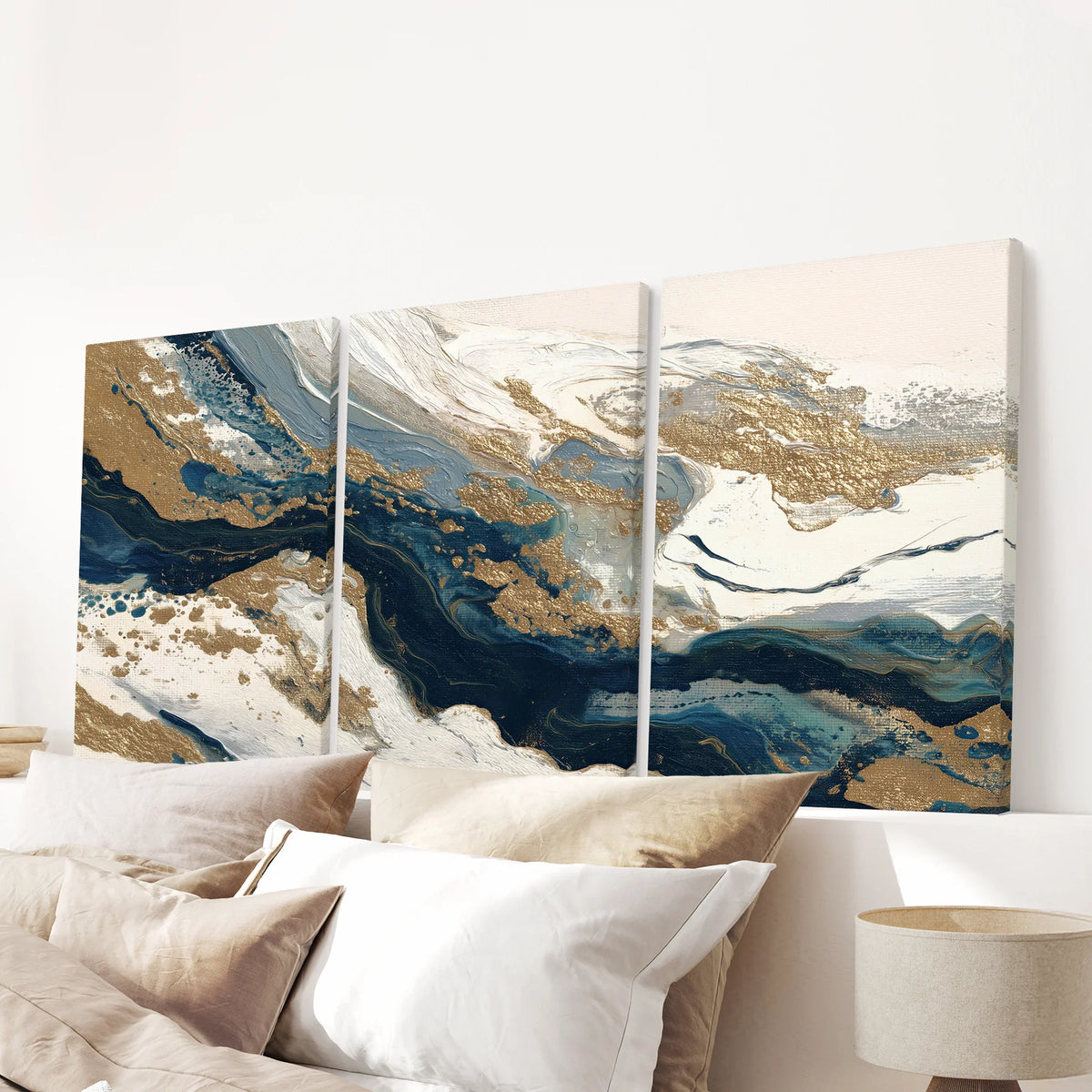 Gold & Blue Brush Strokes. Luxury 3 Piece Abstract Wall Art