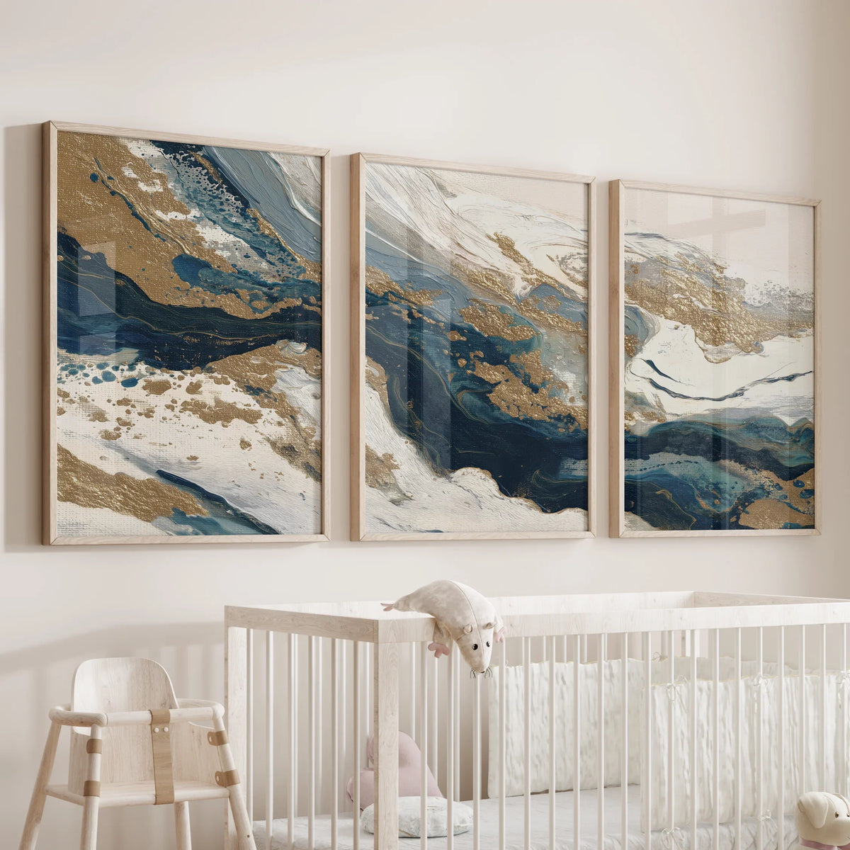 Gold & Blue Brush Strokes. Luxury 3 Piece Abstract Wall Art