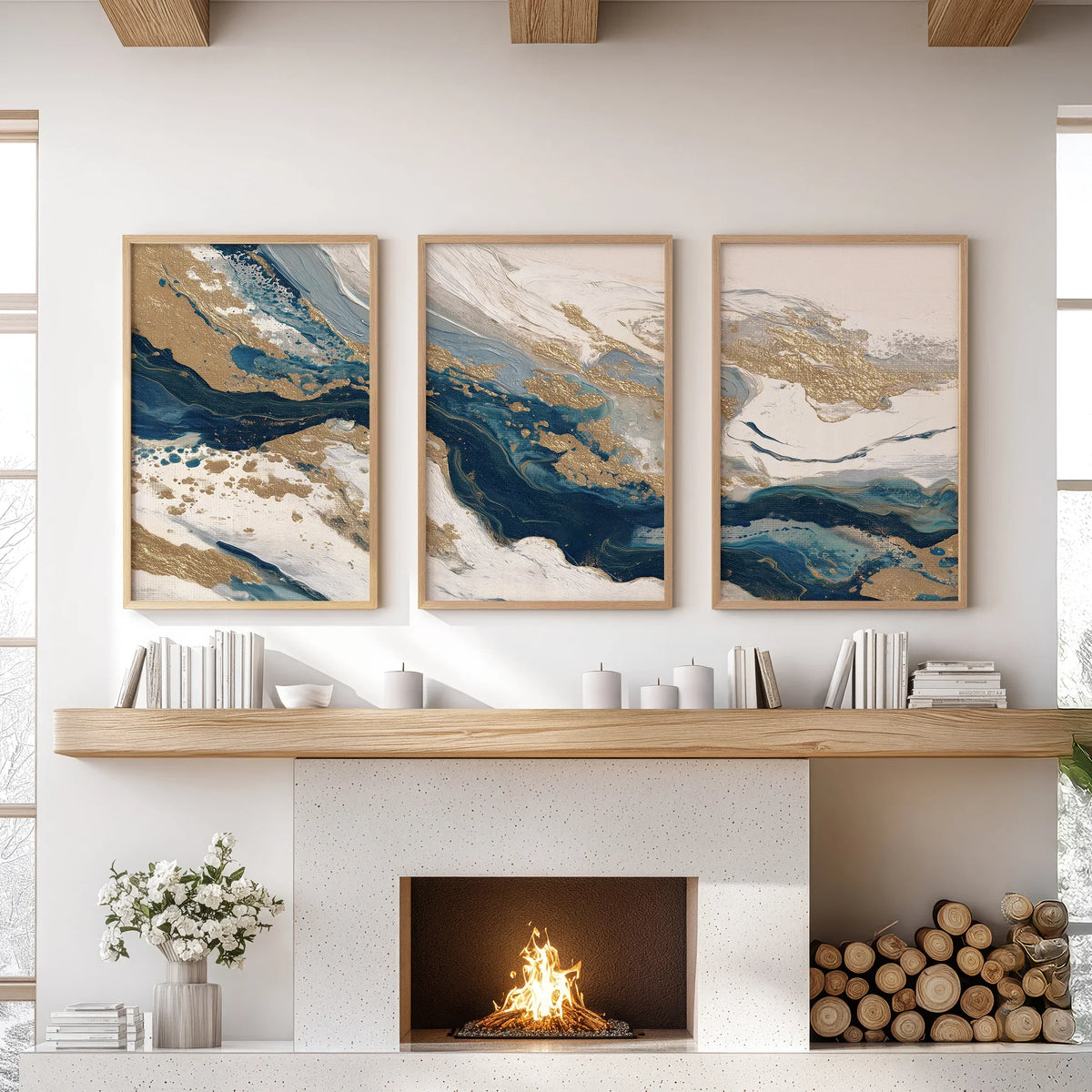 Gold & Blue Brush Strokes. Luxury 3 Piece Abstract Wall Art